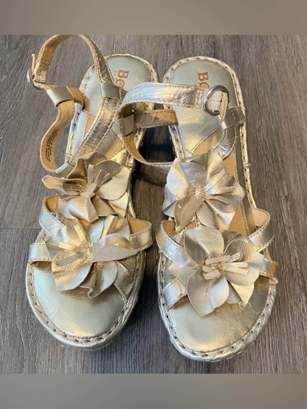 Born Strappy Gold Floral wedge sandals size 8